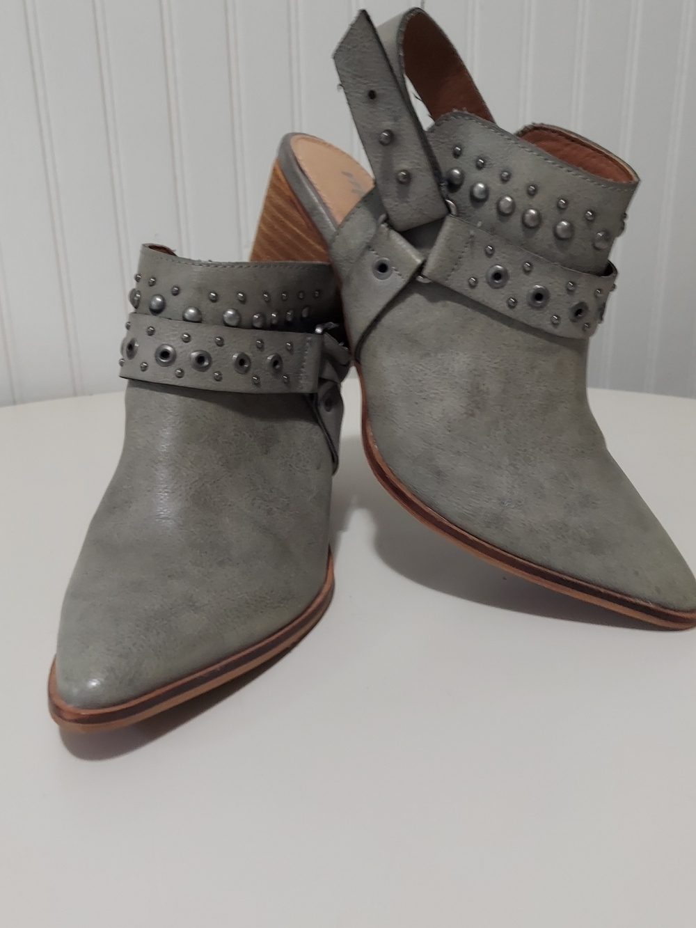 Mi.iM Gray Pointed-Toe Studded Mule with Stacked Wood Heel